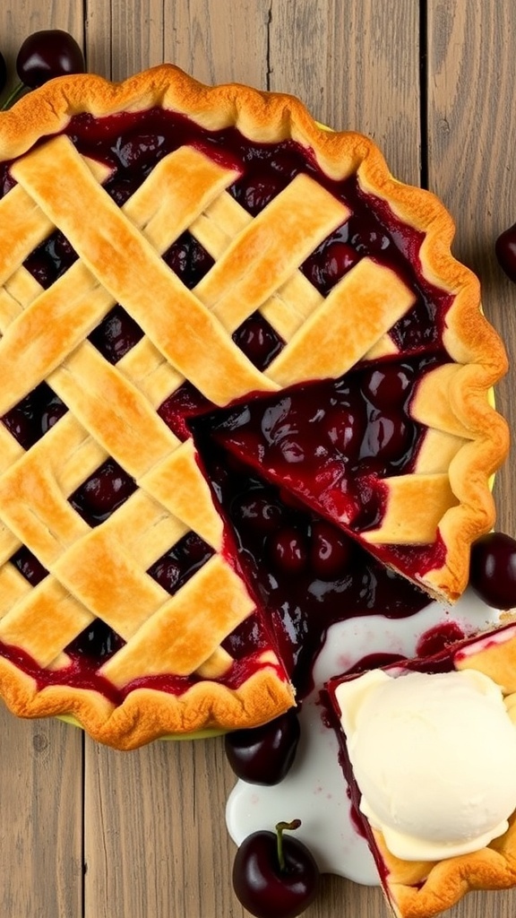 A golden-brown cherry pie with a lattice top, revealing red cherry filling, served with a scoop of vanilla ice cream.